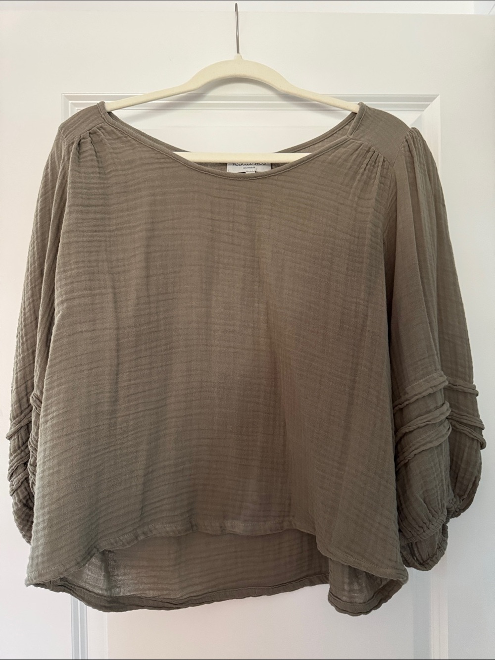 Michael Stars Taupe Crinkle Gauze Peasant Blouse